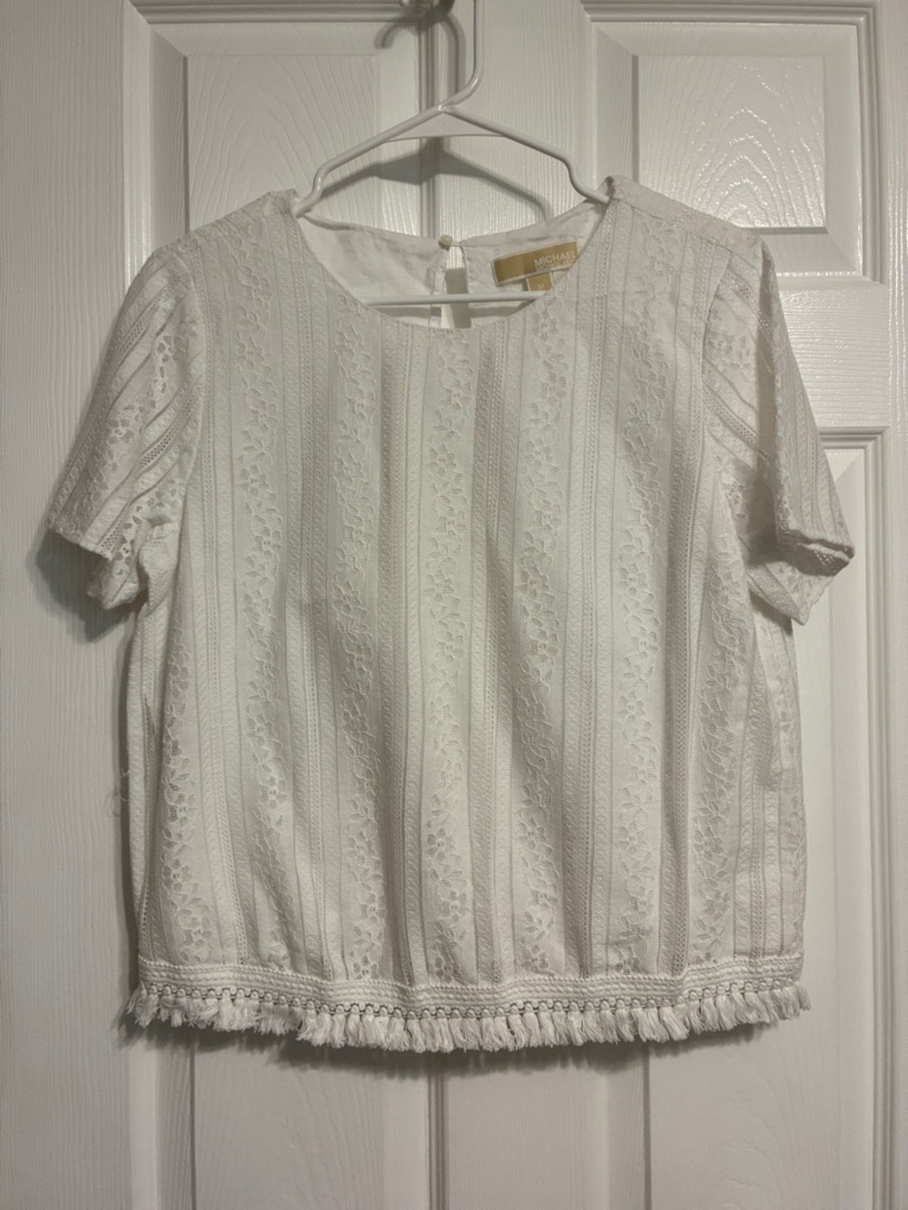 Michael Kors Cream Lace Short Sleeve Blouse with Tassel Hem